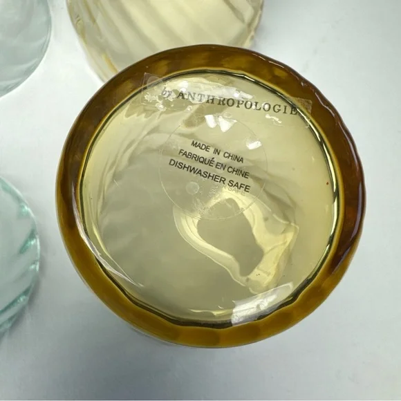 Set Of 6 ANTHROPOLOGIE Glasses 3 Green & 3 Amber Swirl Picnic Juice 3.75” EXC! - Picture 4 of 16